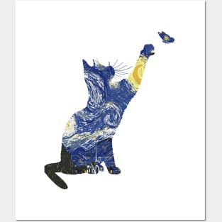 Cat With Butterflies Classic Cat Van Gogh - Starry Night Cat Posters and Art